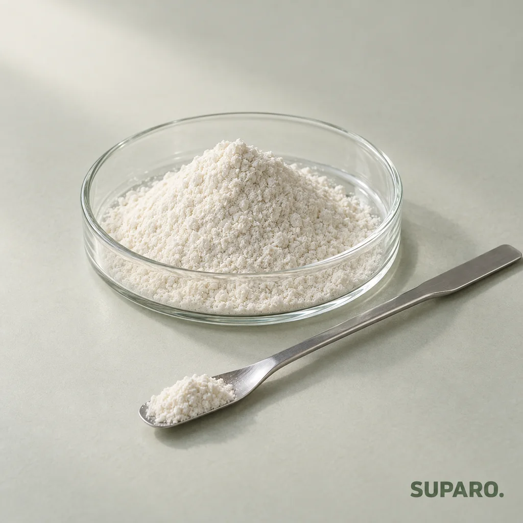 5-HTP (Гриффония экстракт): порошкообразное сырьё в стеклянной лабораторной чашке